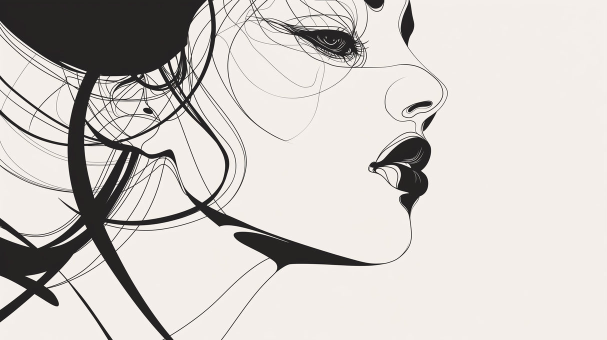 Black and white line art portrait design file showing elegant continuous line drawing pattern