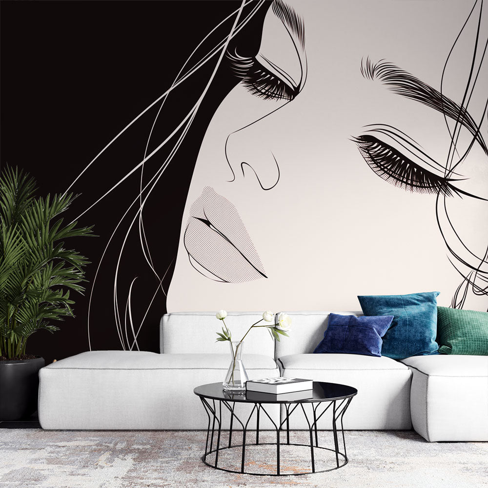 Line art portrait mural wallpaper creating striking contrast in a modern minimalist living room with natural lighting