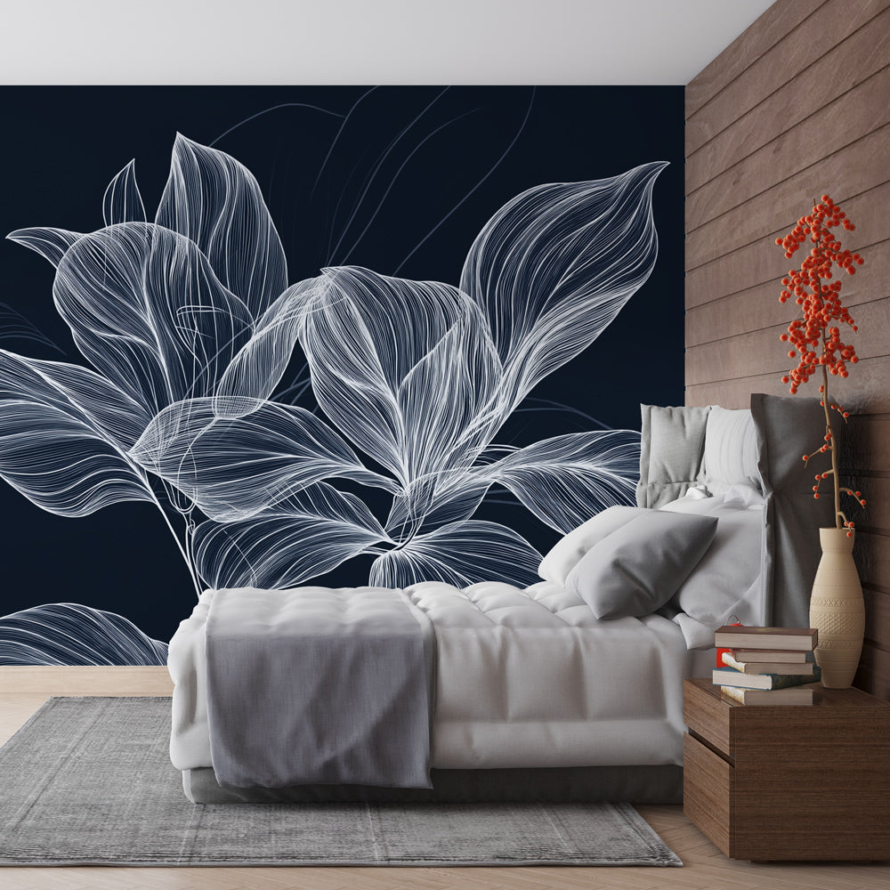 Botanical line art wallpaper creating an elegant atmosphere in a modern living room, white leaf design on navy background