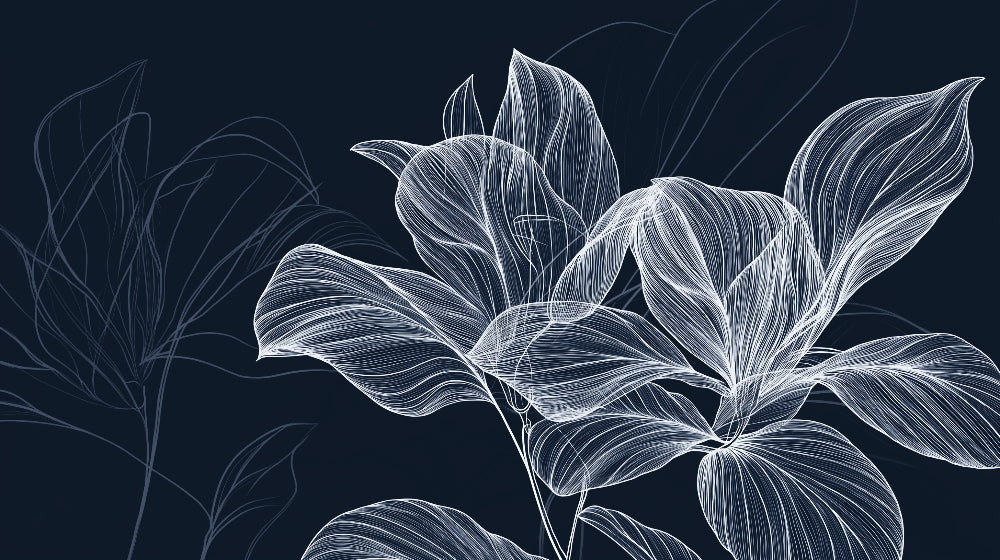 Botanical line art wallpaper design file showing intricate white leaf pattern on navy background