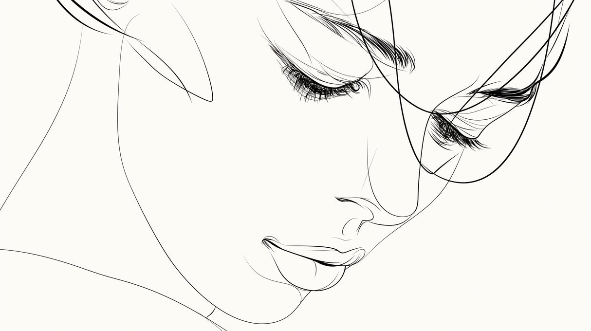 Line art portrait wallpaper creating dramatic impact in modern minimalist living room with white sofa and black accents