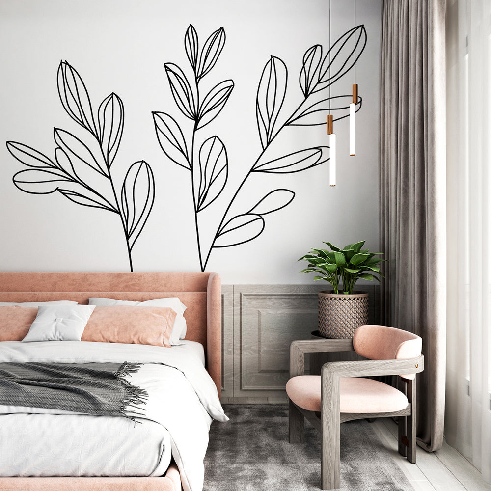 Modern living room showcasing Minimalist Botanical Line Art Wallpaper creating a clean, sophisticated atmosphere
