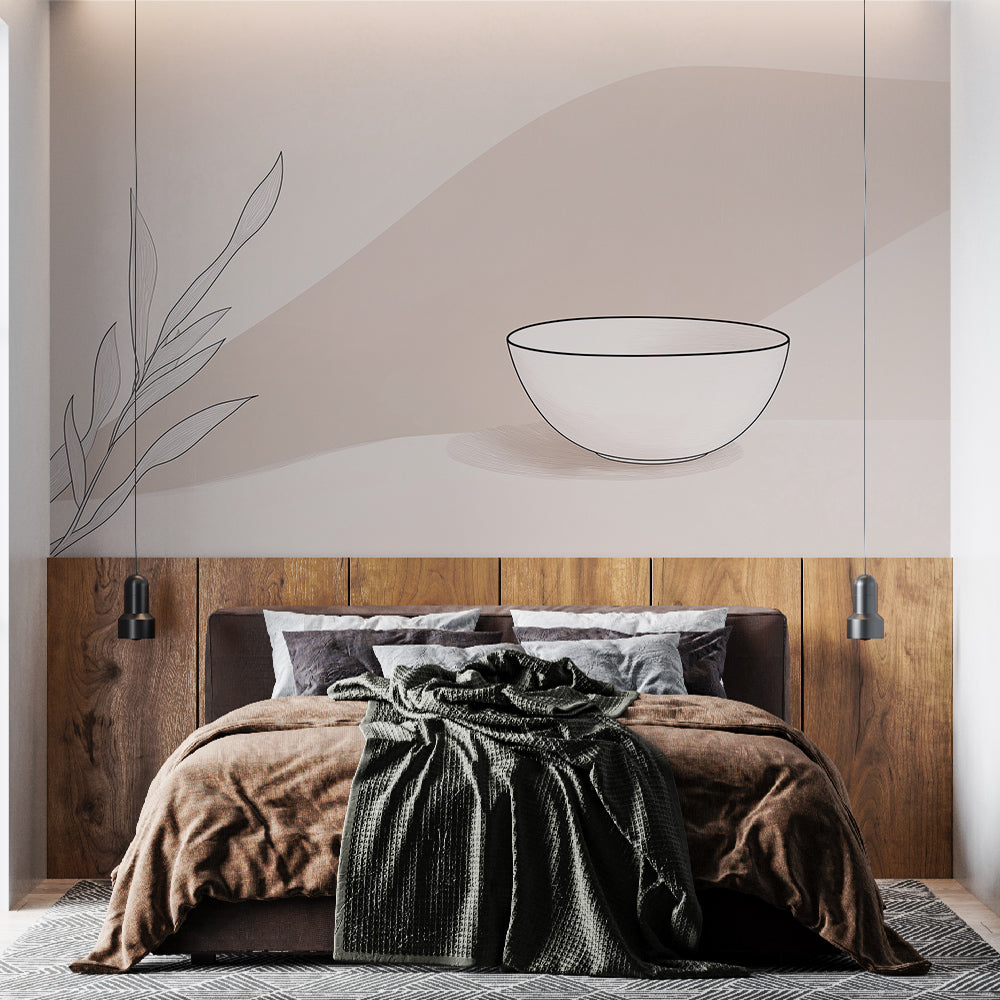 Minimalist line art wallpaper creating a serene atmosphere in a modern dining room with clean lines and natural light