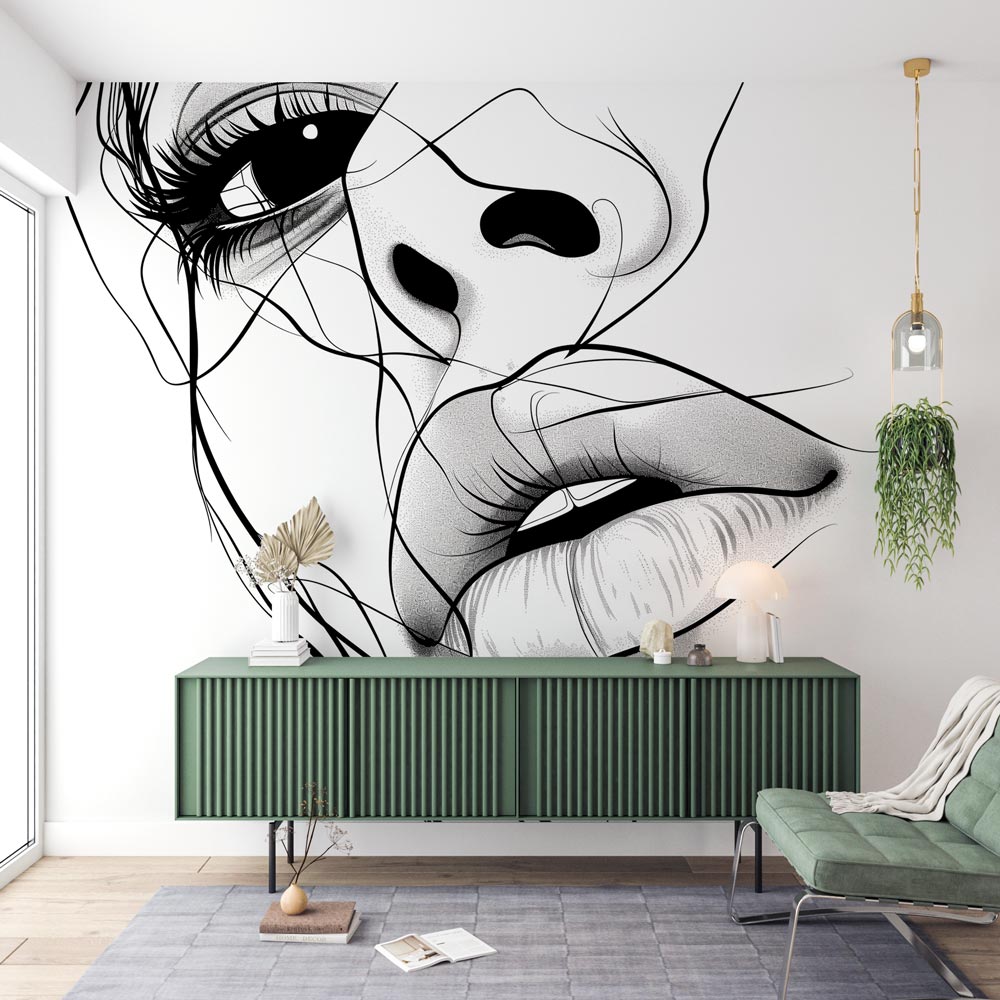 Modern Line Art Face Wallpaper creating dramatic impact in a minimalist living room with white furniture