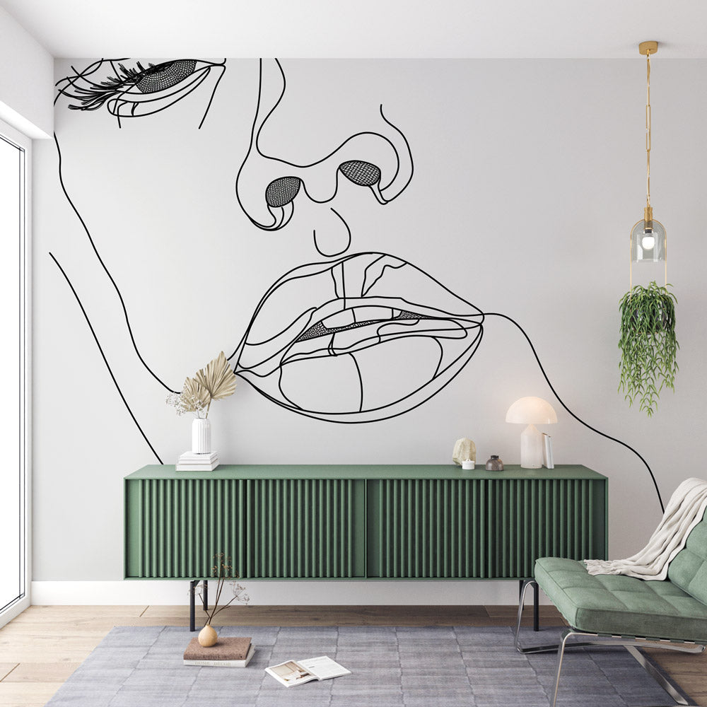 Modern Line Art Face Wallpaper creating artistic atmosphere in a minimalist living room with white sofa and natural light