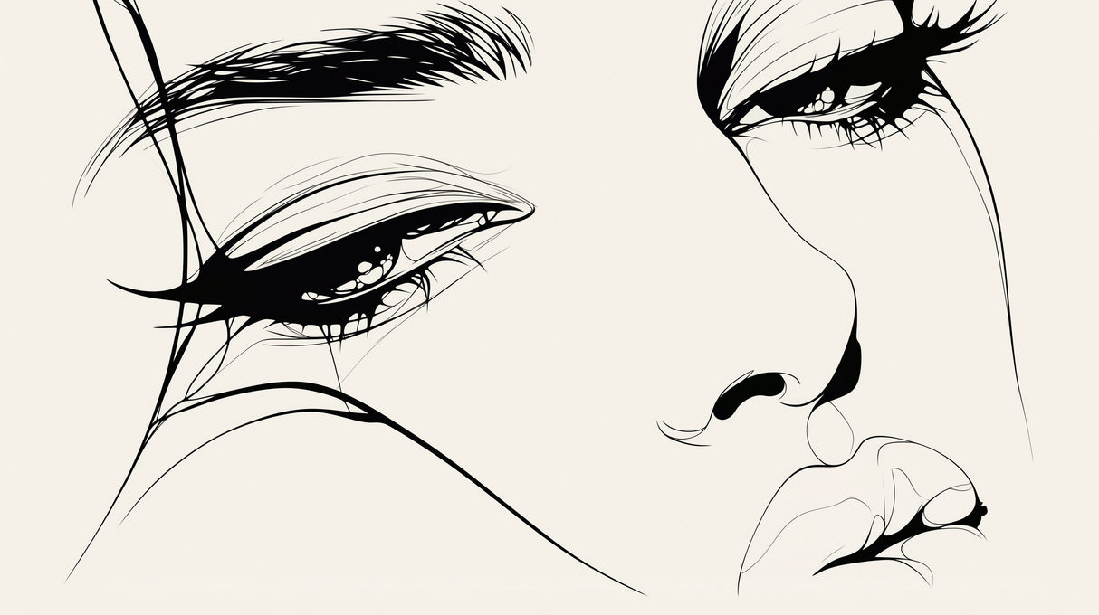 Line art face wallpaper mural creating dramatic impact in a modern living room with white furniture