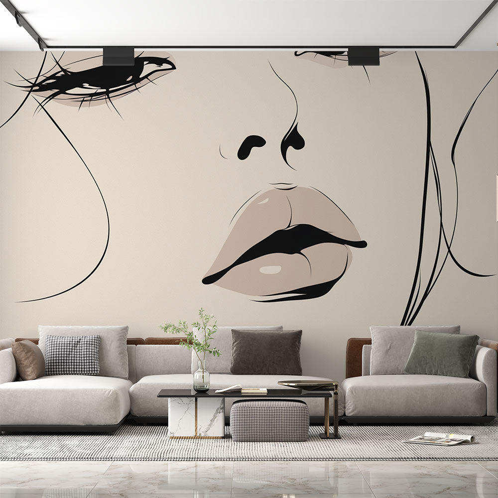 Line art face wallpaper creating a striking focal point in a modern living room with minimalist furniture