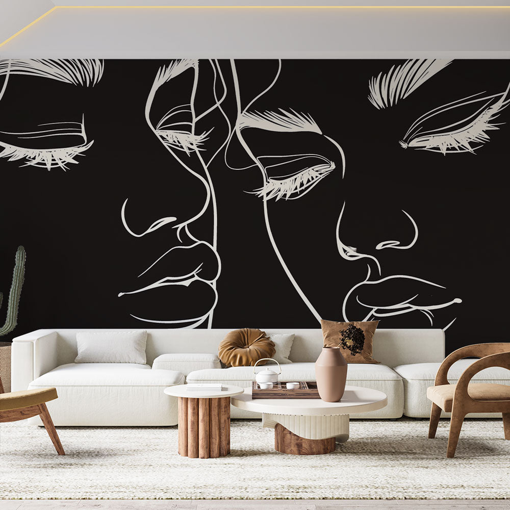 Line art face wallpaper creating modern impact in a minimalist living room with white furniture