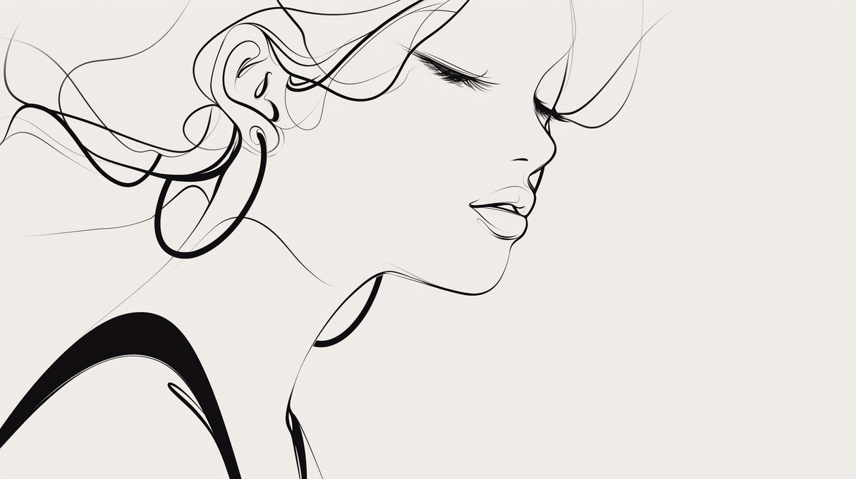 Line art portrait wallpaper creating a stunning focal point in a bright, modern living room with minimal furniture