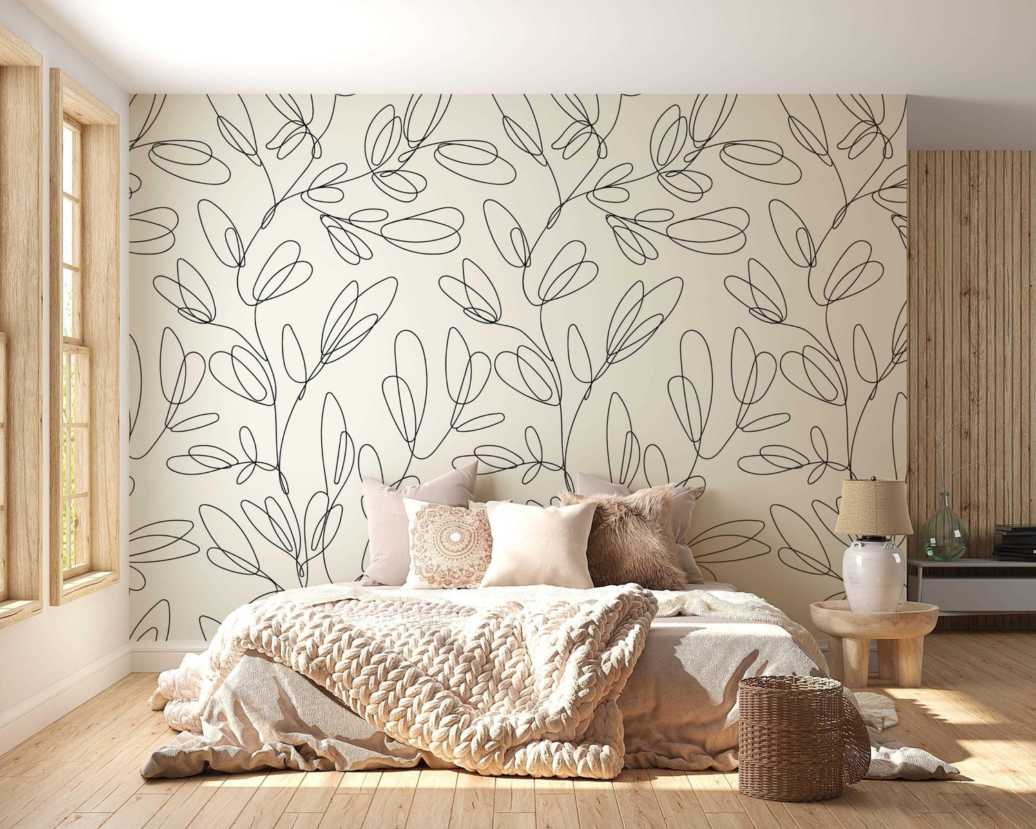 Modern line art floral wallpaper creating a serene atmosphere in a bright Scandinavian living room setting