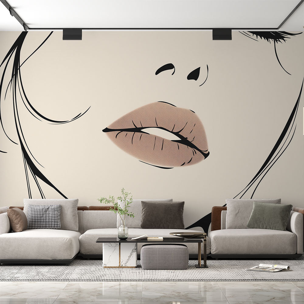 Line art lips wallpaper creating a stunning accent wall in a modern bedroom with minimalist furniture and natural light