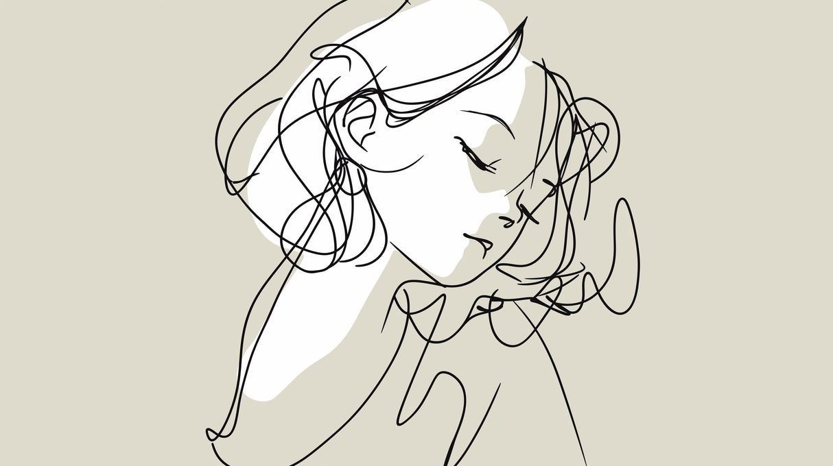 Minimalist line art portrait design file showing elegant continuous black strokes on beige background