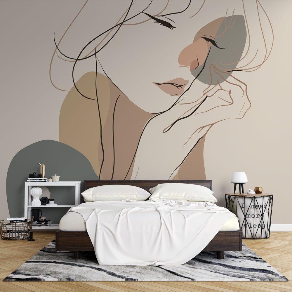 Modern living room with Line Art Portrait Wallpaper creating an elegant focal point against white furniture