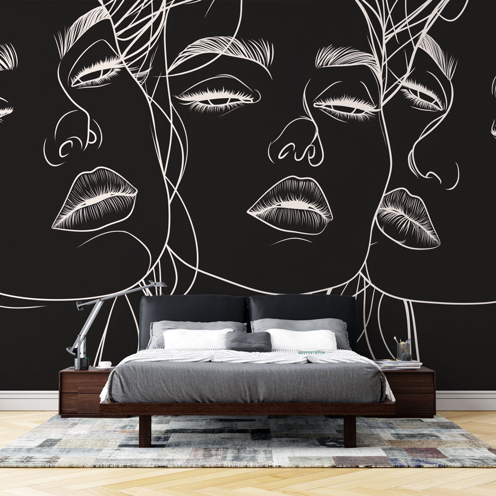 Modern Line Art Face Wallpaper creating a striking focal point in a minimalist living room with natural lighting