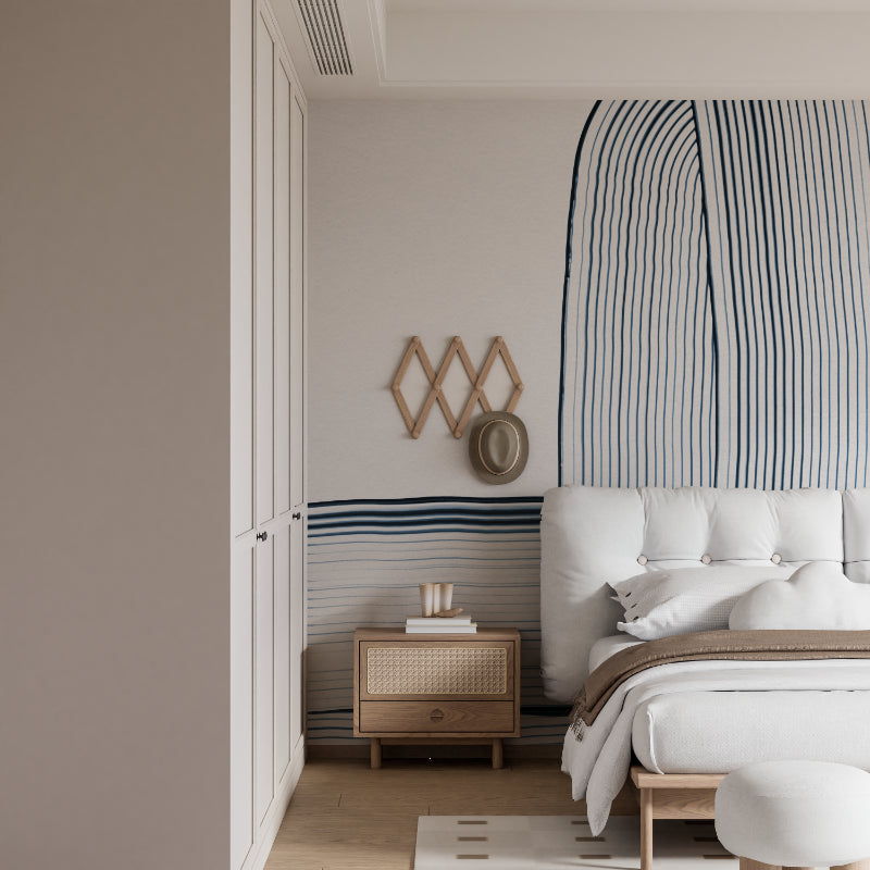 Blue brushstroke pattern wallpaper showcased in a modern home office space