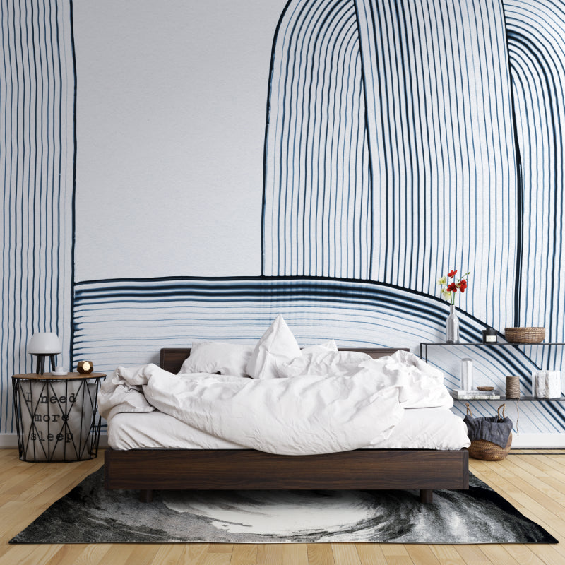 Contemporary line art wallpaper creating depth in a minimalist bedroom