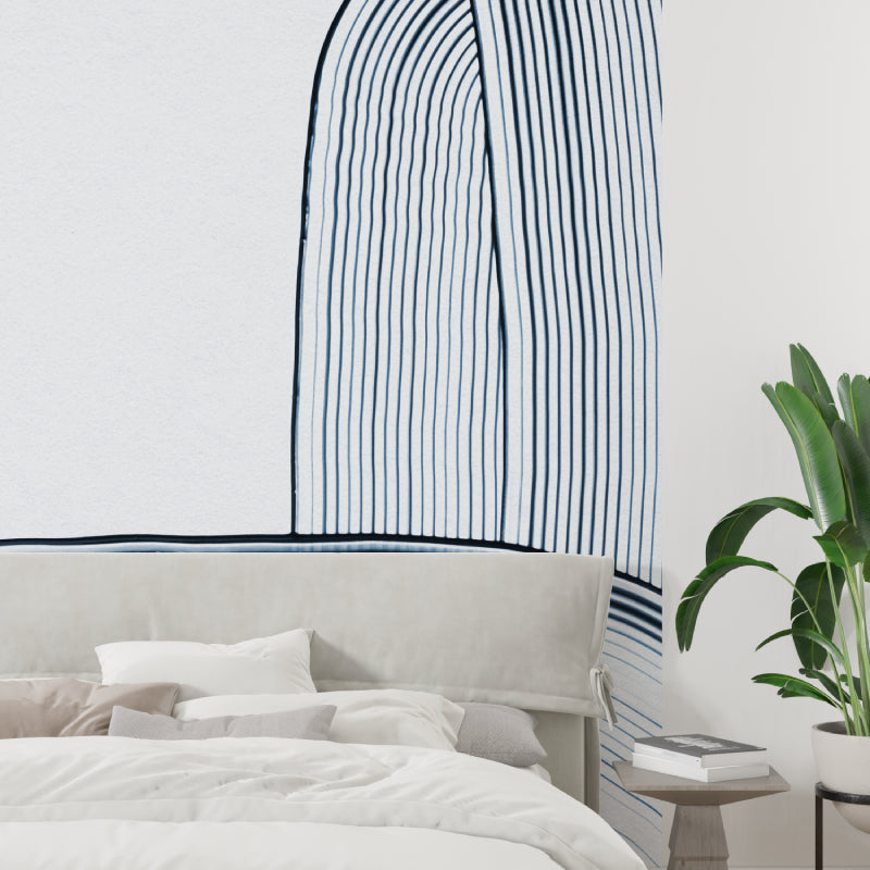 Blue line pattern mural displayed in an elegant dining room setting