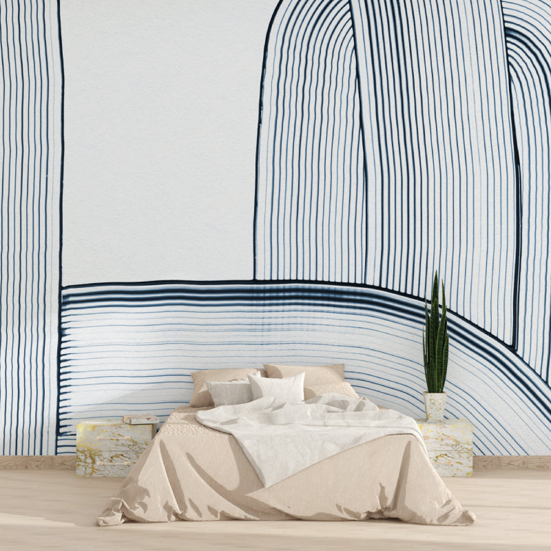 Minimalist blue brushstroke wallpaper in a modern hallway space