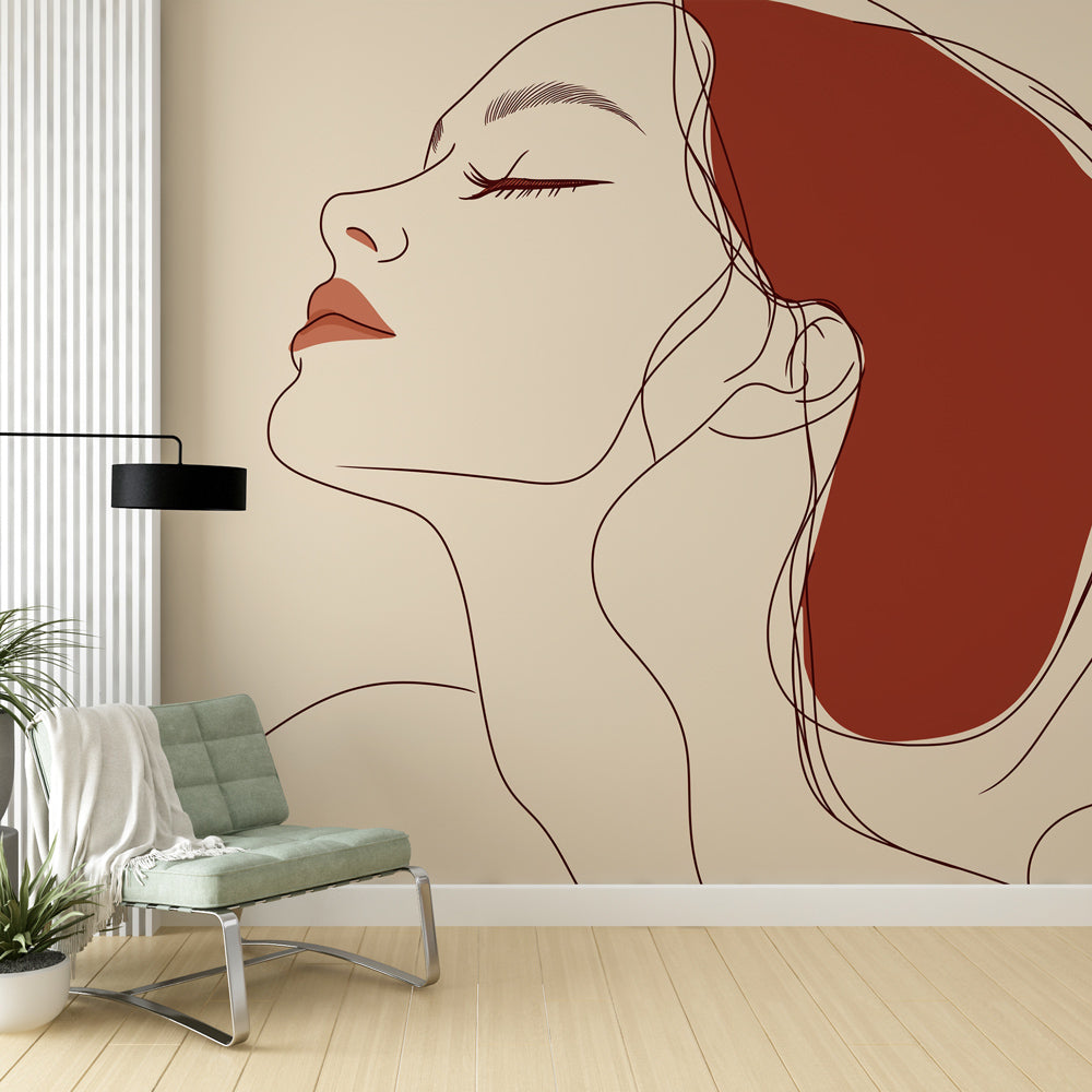 Line art portrait mural wallpaper creating a peaceful atmosphere in a modern bedroom with natural lighting