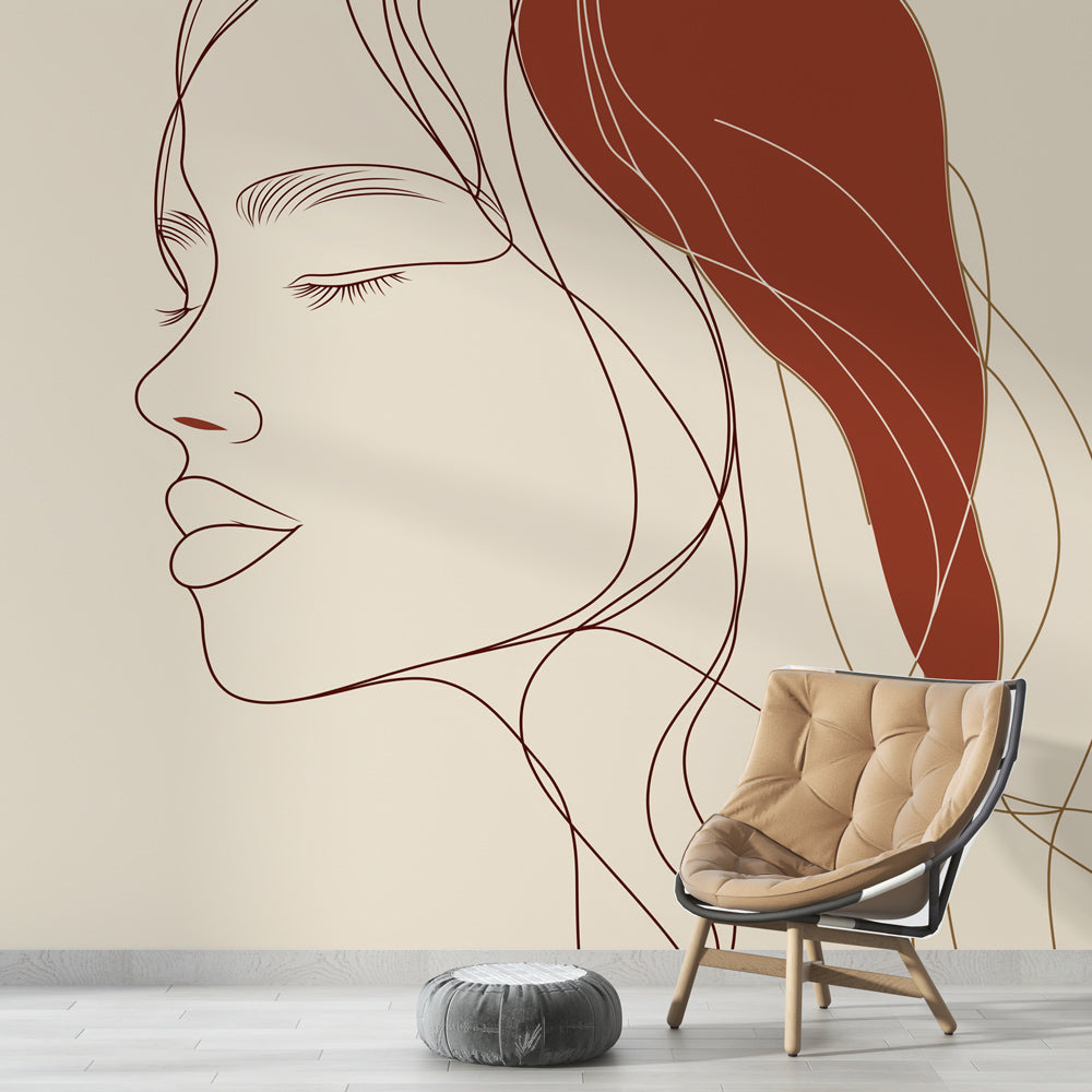 Line art portrait wall mural creating an artistic statement wall in a modern living room with minimal furniture