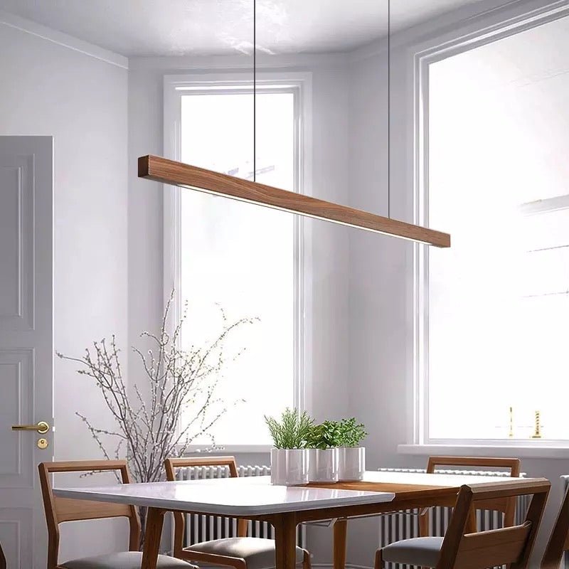 Wooden LED Linear Pendant Light Pine or Walnut Finish - Detailed view
