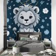 Lion cub nursery wallpaper in a modern white and gray nursery, creating a peaceful sleeping space