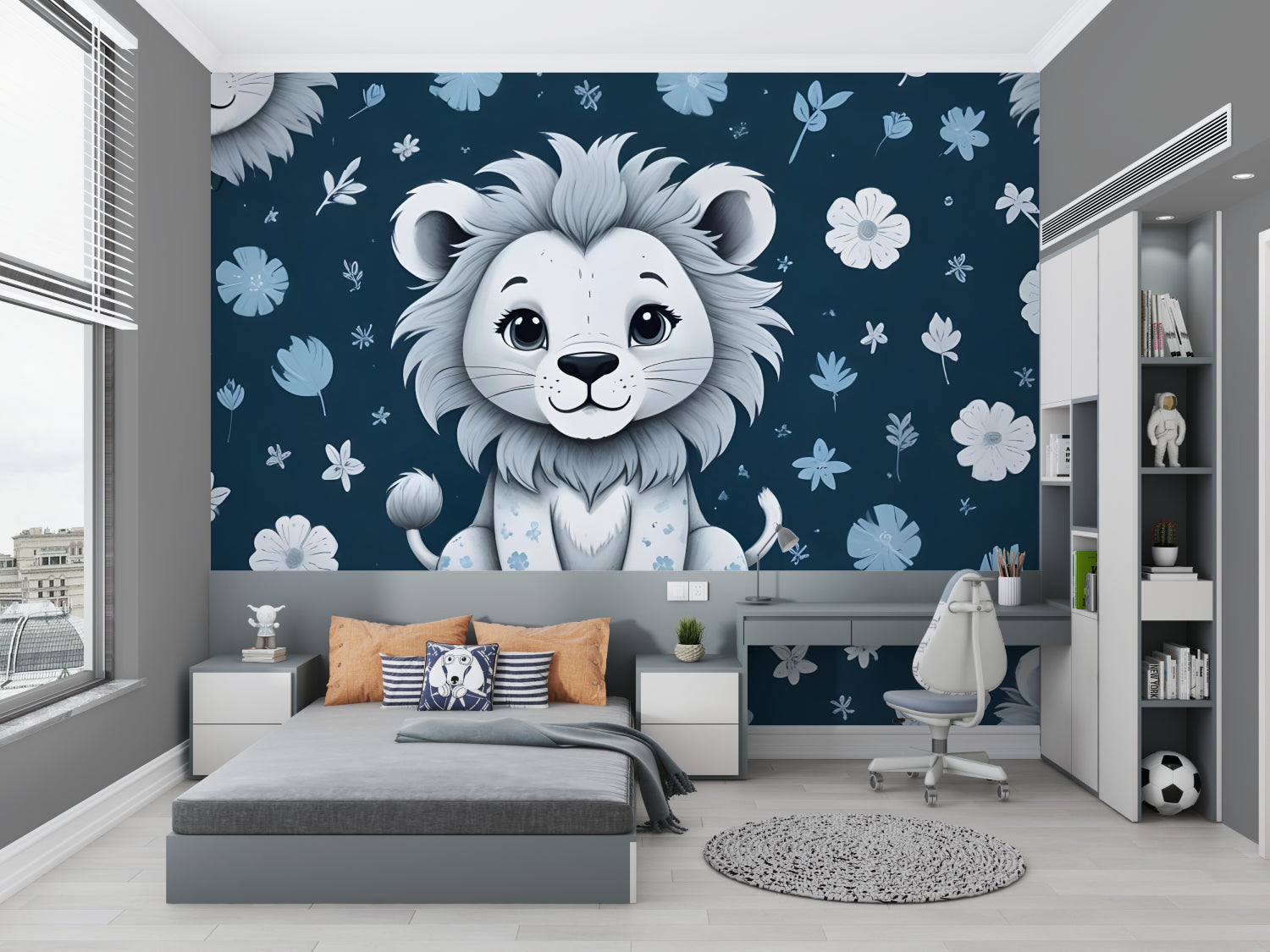 Blue floral lion cub wallpaper in a playroom setting with natural lighting