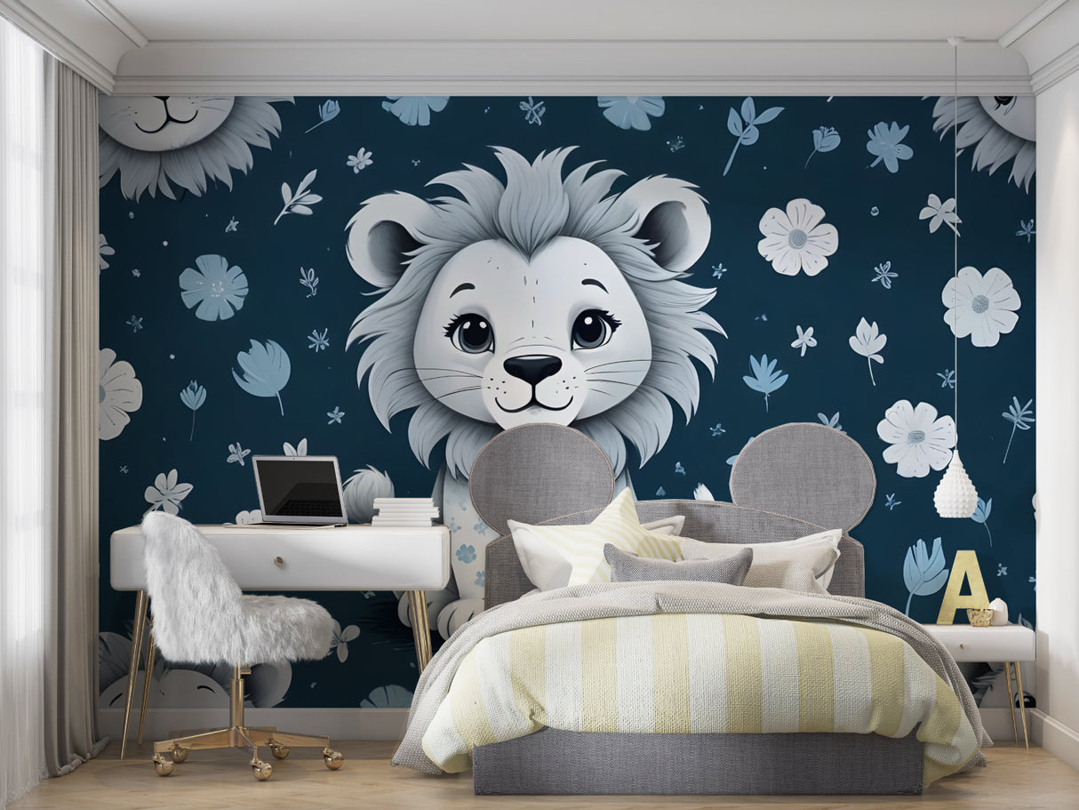 Kids bedroom featuring lion cub wall mural with matching blue decor