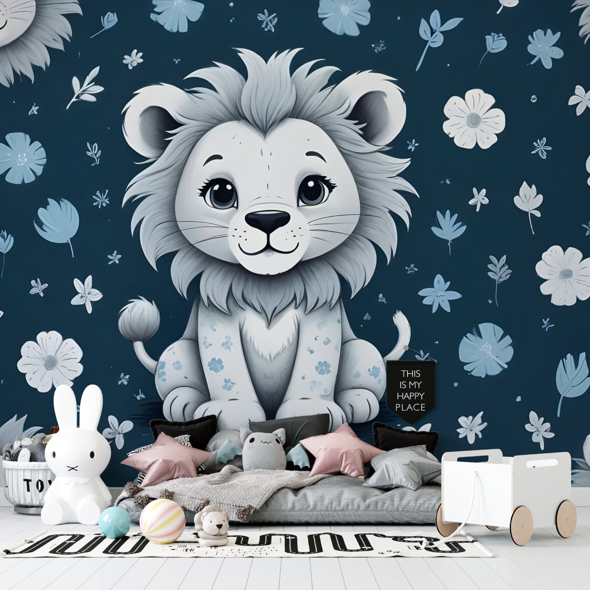 Lion cub wallpaper creating a feature wall in a baby's nursery