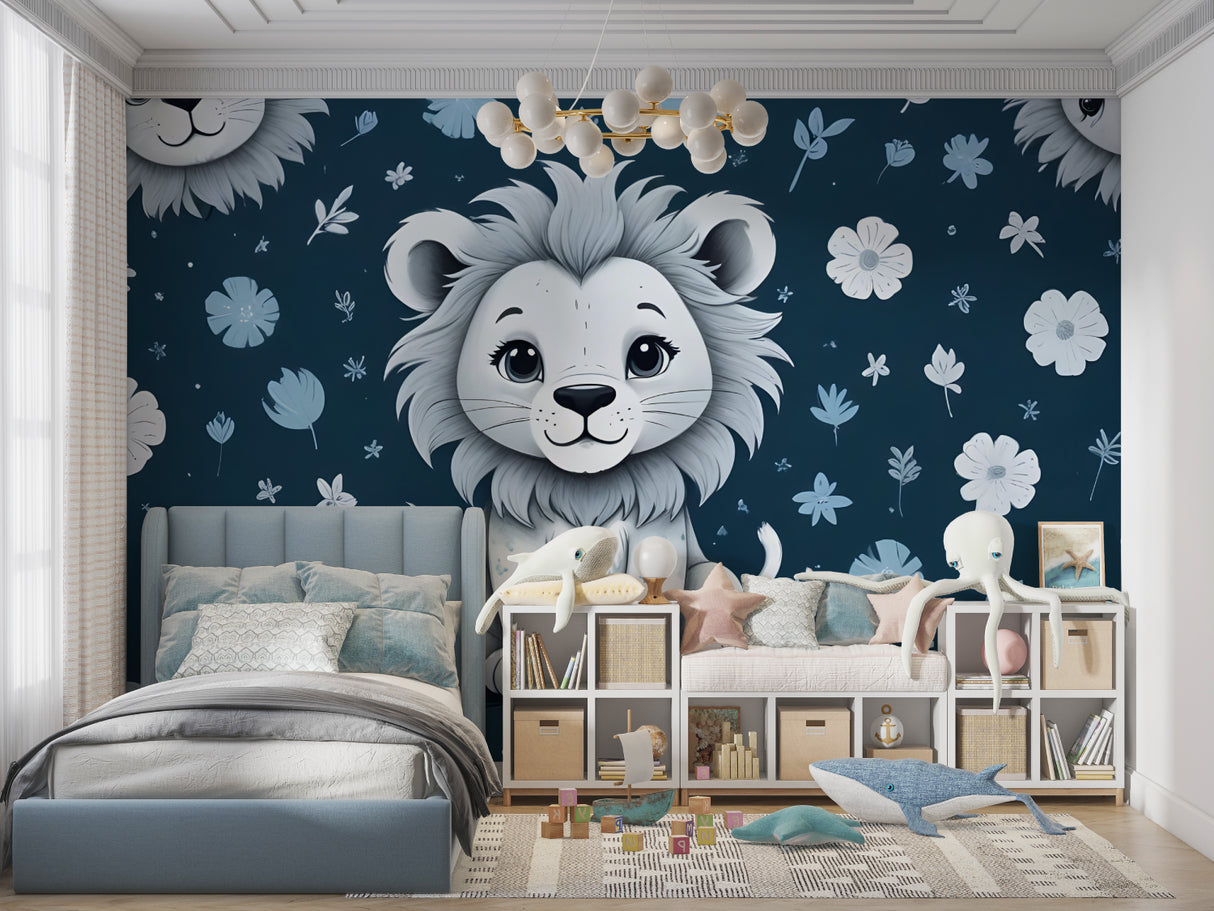 Animal themed nursery with lion cub mural wallpaper and white furniture