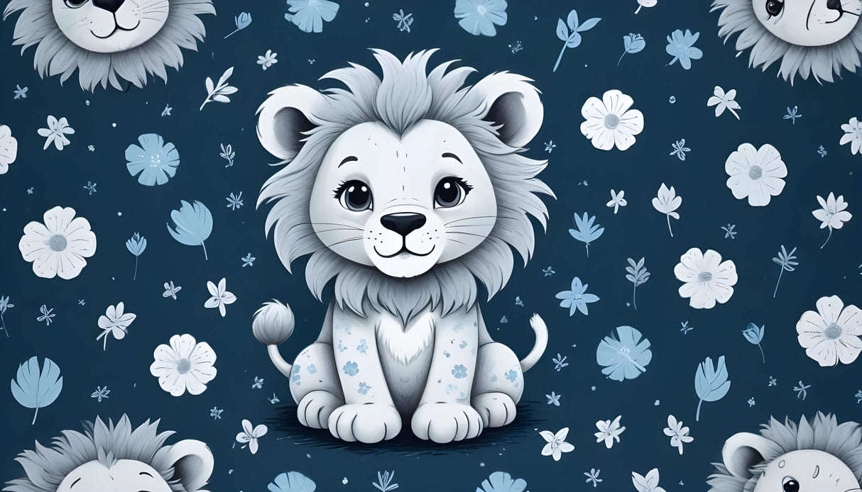 Lion cub design file with blue floral pattern showing full wallpaper detail