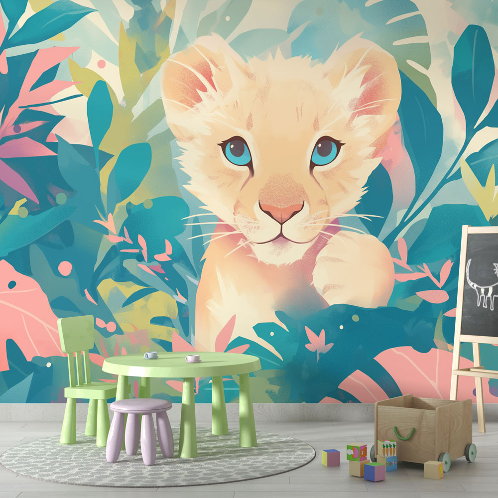 Lion Cub Wallpaper creating a magical atmosphere in a bright nursery, soft colors perfect for sweet dreams