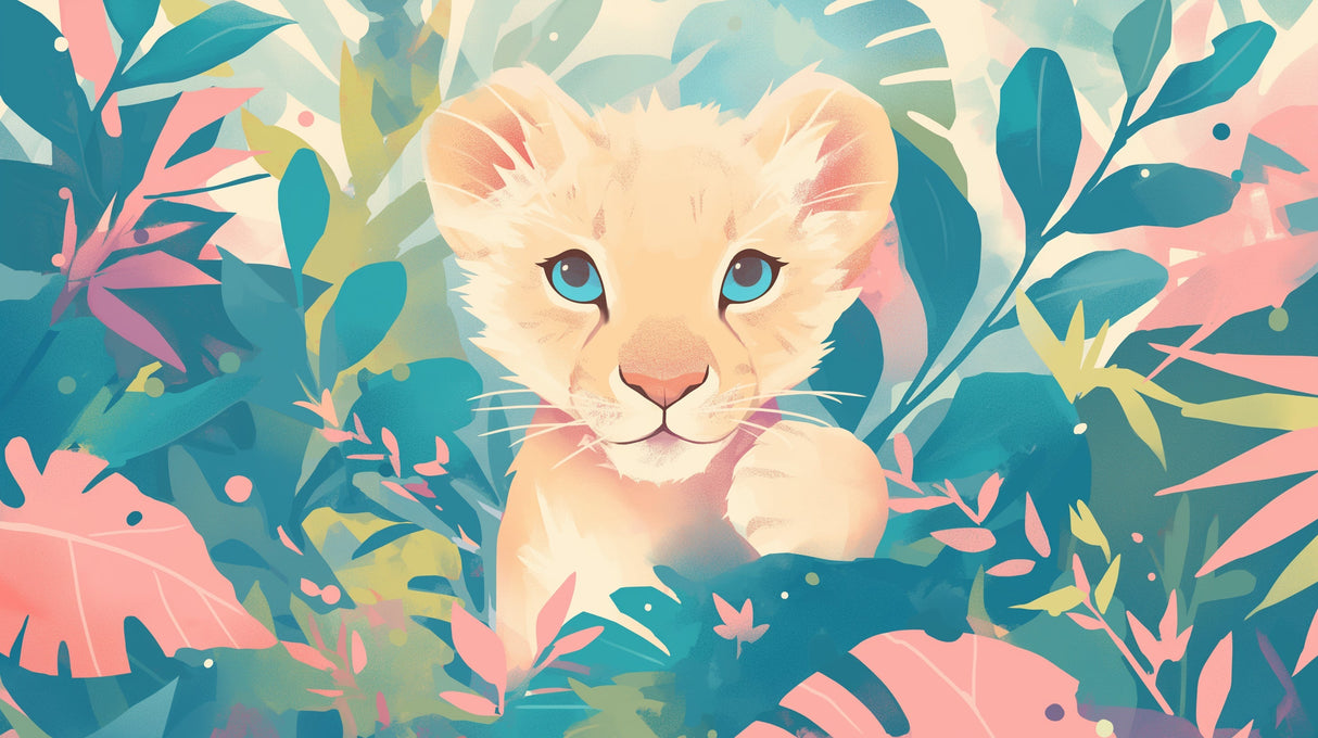 Lion Cub Wallpaper design file showing detailed blue eyes and tropical leaves pattern