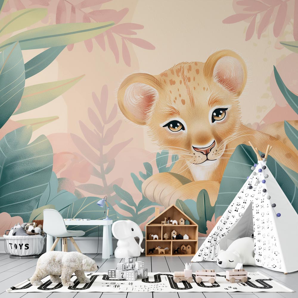 Lion Cub Wallpaper bringing warmth to a modern nursery with soft pastel jungle design and gentle tropical elements