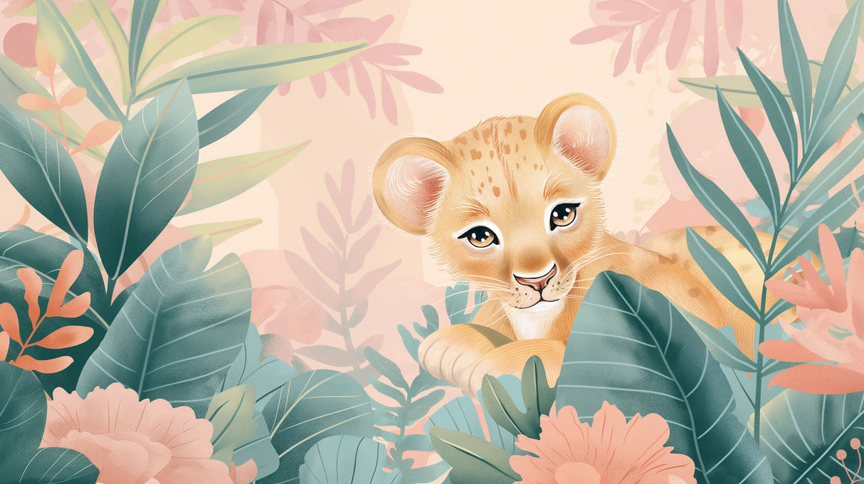 Lion Cub Wallpaper design file showing detailed pastel jungle pattern with sweet cub portrait