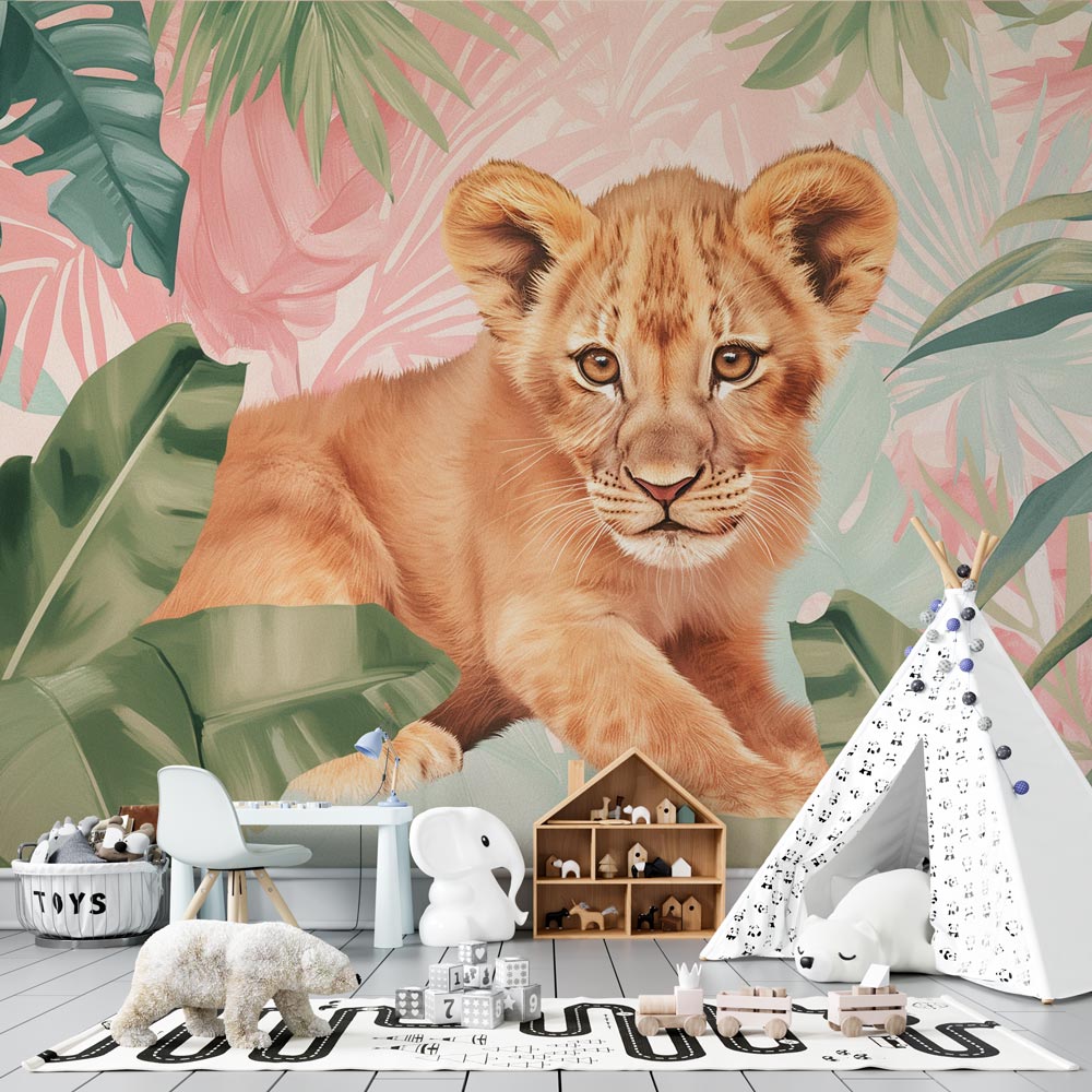 Lion cub safari wallpaper styled in a bright nursery with pink accents and natural decor