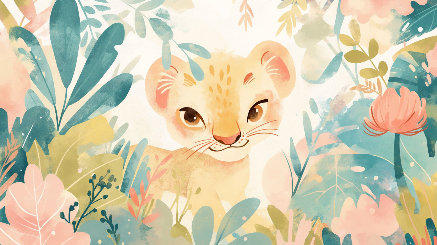 Lion cub wallpaper design file showing watercolor jungle pattern with soft teal and coral details