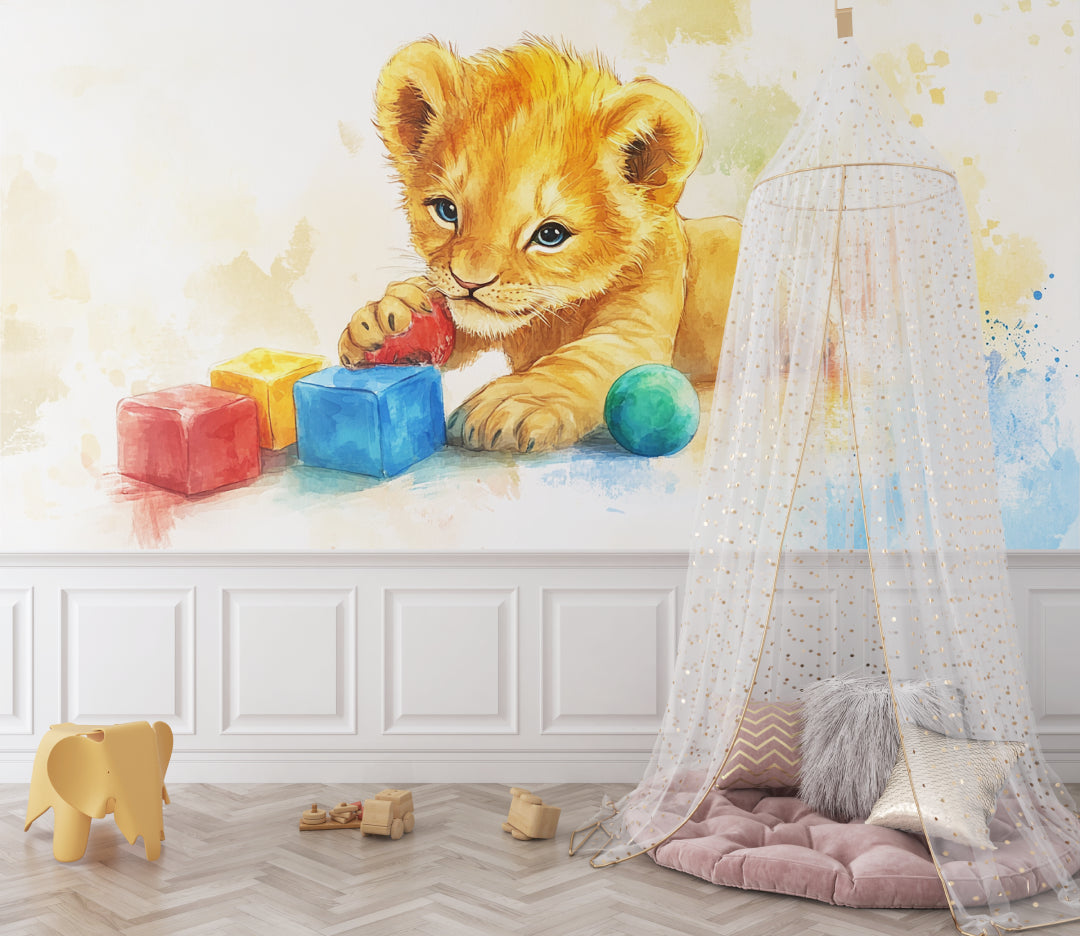 Lion cub nursery wallpaper in modern white nursery with natural wood furniture