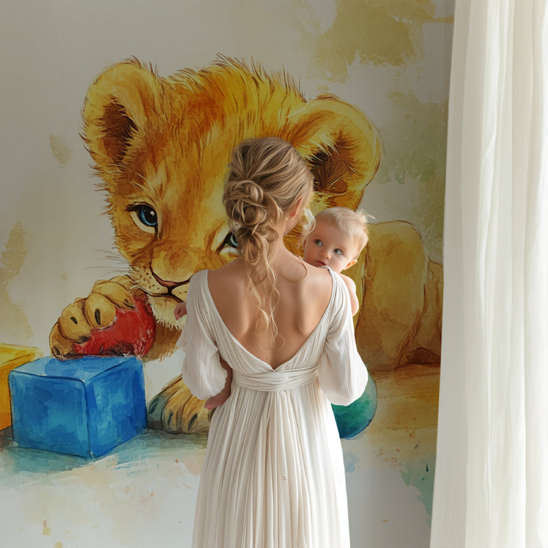 Watercolor lion cub wallpaper creating cozy reading nook in baby room