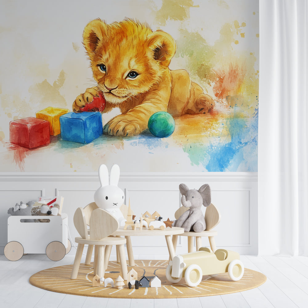 Safari nursery wallpaper shown in playful kids bedroom setting