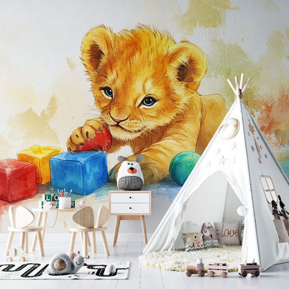 Lion cub wallpaper brightening neutral nursery with soft colors