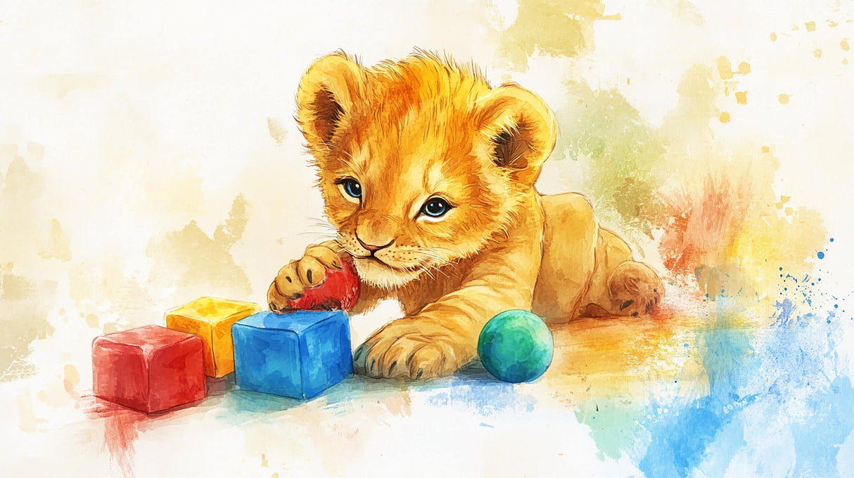 Watercolor lion cub nursery wallpaper design file showing full pattern and color details
