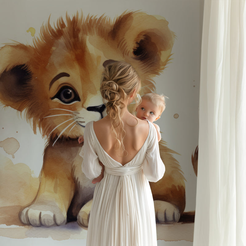 Watercolor Safari Wallpaper showcased in a bright children's bedroom with minimalist decor