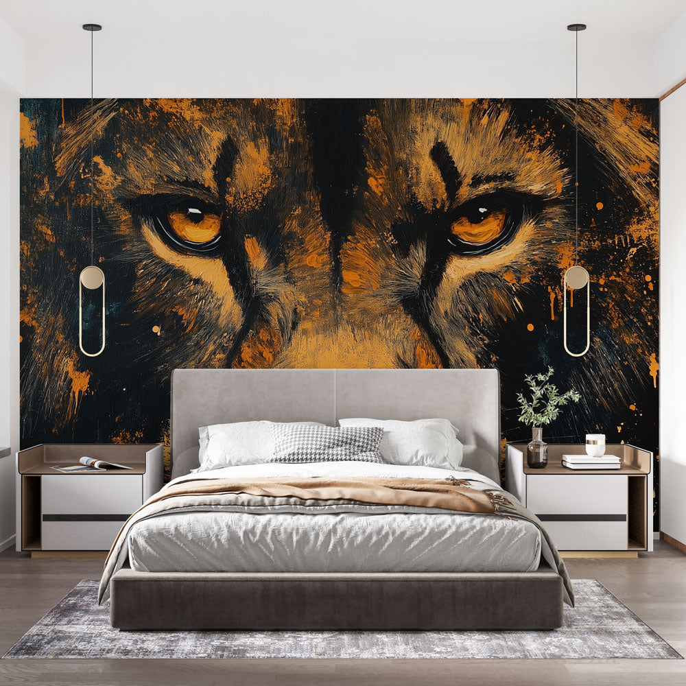 Black and gold lion mural wallpaper creating a dramatic focal point in a modern living room with minimal furniture