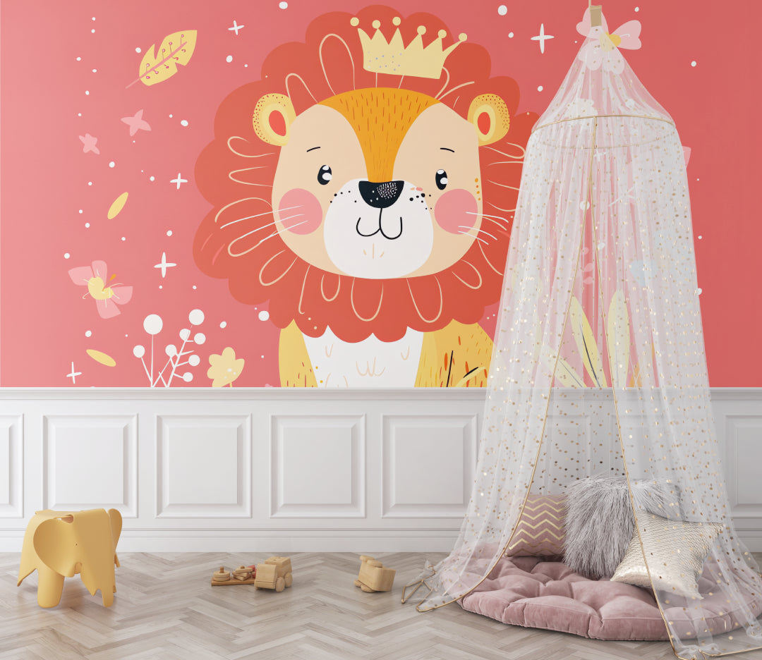 Baby lion wallpaper with crown in a cozy nursery, coral pink walls creating a warm and inviting atmosphere