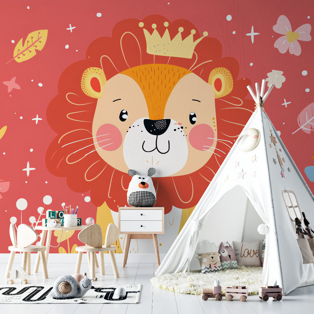 Kids lion wallpaper bringing royal charm to a playroom setting with natural lighting