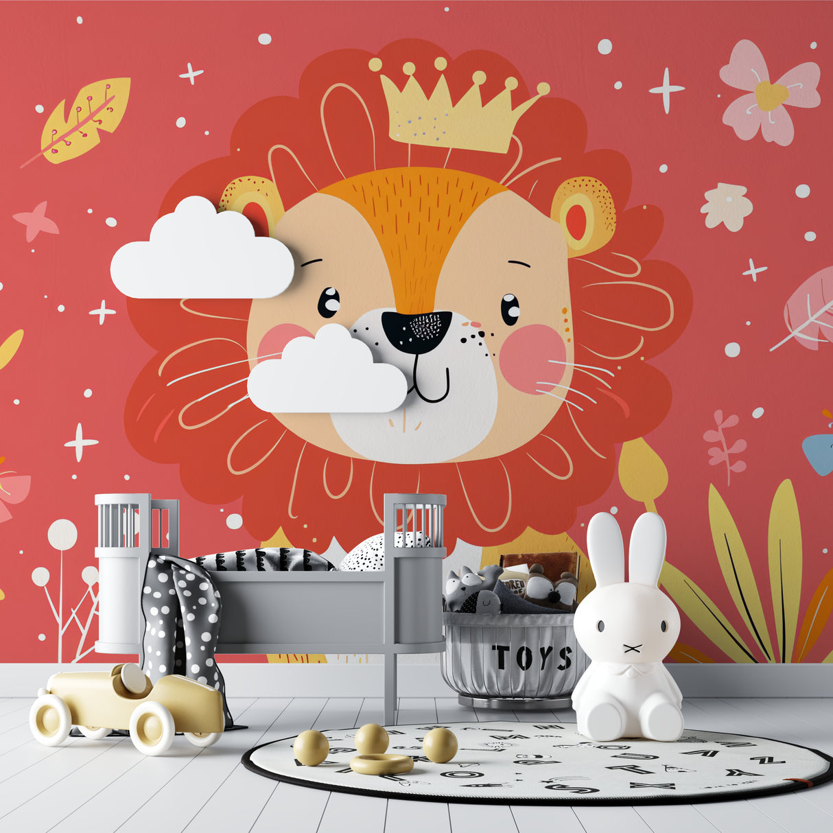 Baby lion crown wallpaper featured in a reading nook with soft furnishings