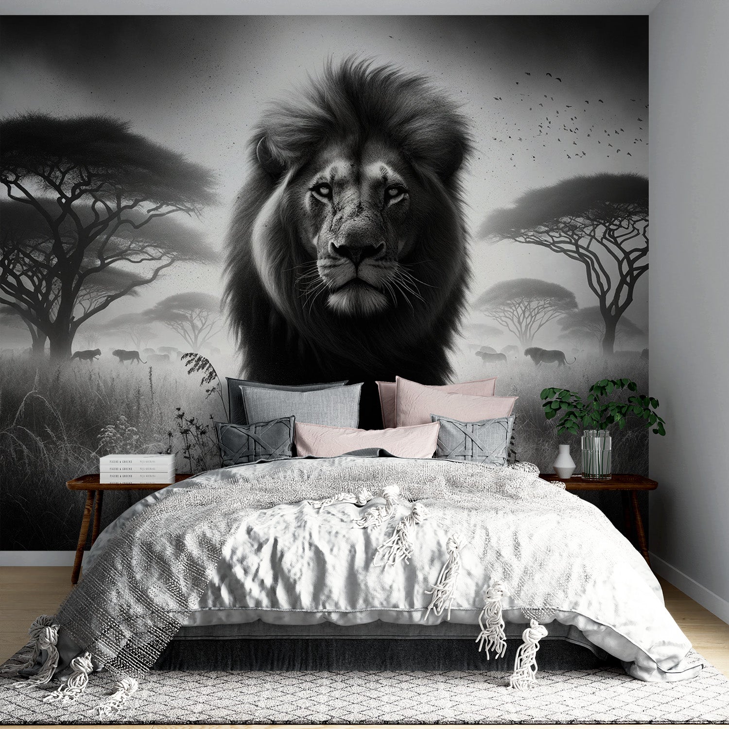 Black and white lion wallpaper creating dramatic impact in a modern living room with minimalist furniture
