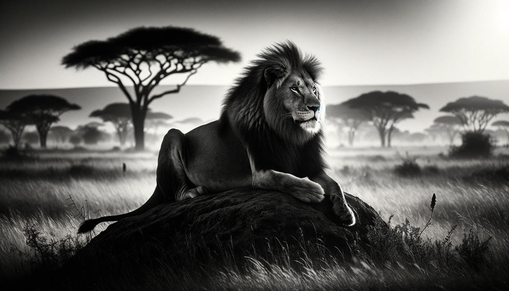 Black and white lion wallpaper design file showing detailed savannah landscape and majestic lion portrait