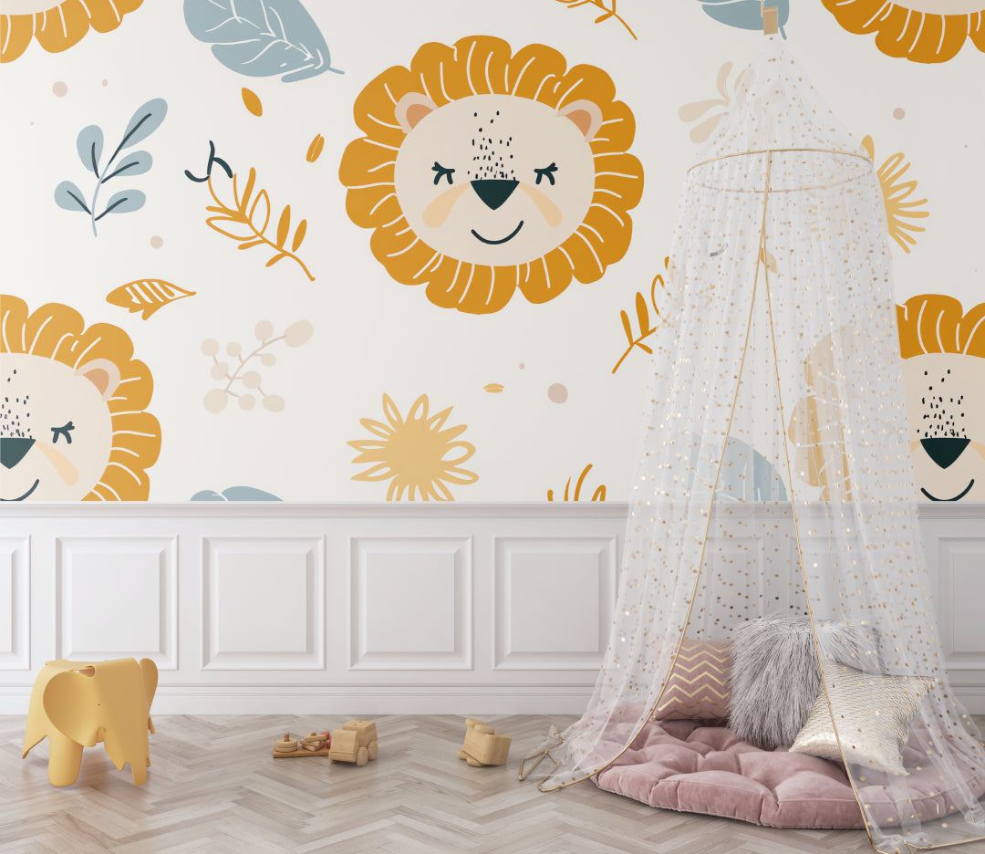 Sweet lion wallpaper in toddler's bedroom with pastel decor